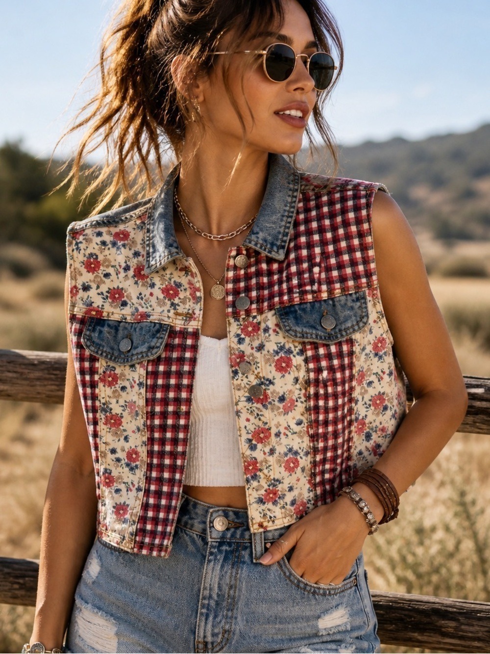 Vintage Patchwork Denim Vest Floral Plaid Western Boho USA